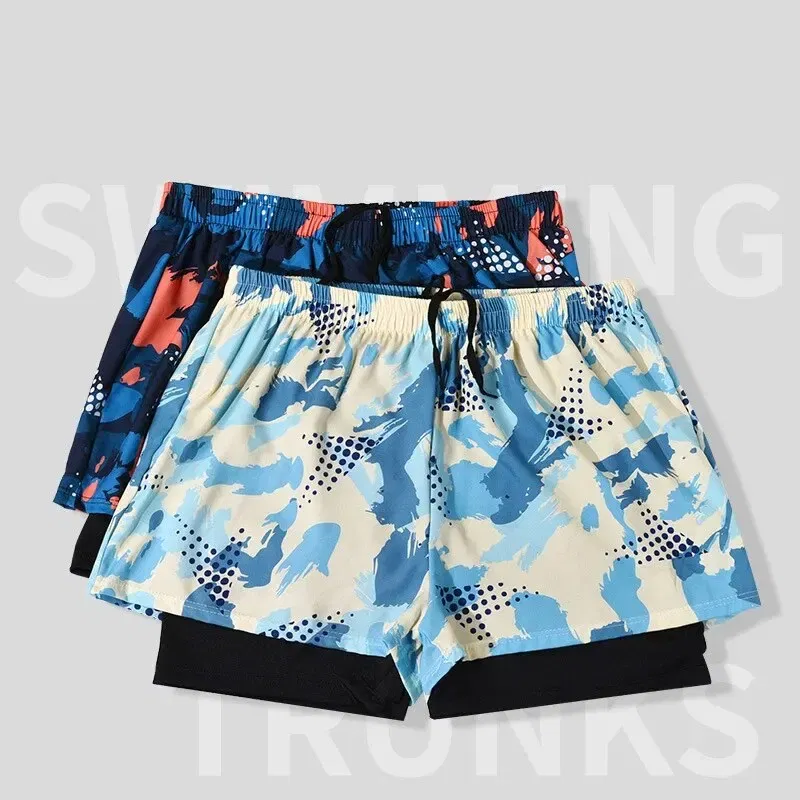 Size: XXXL, Color: Orange - Summer Men's New Quick-drying Double-layer Anti-embarrassment Loose Printed Adult Professional Swimming Trunks