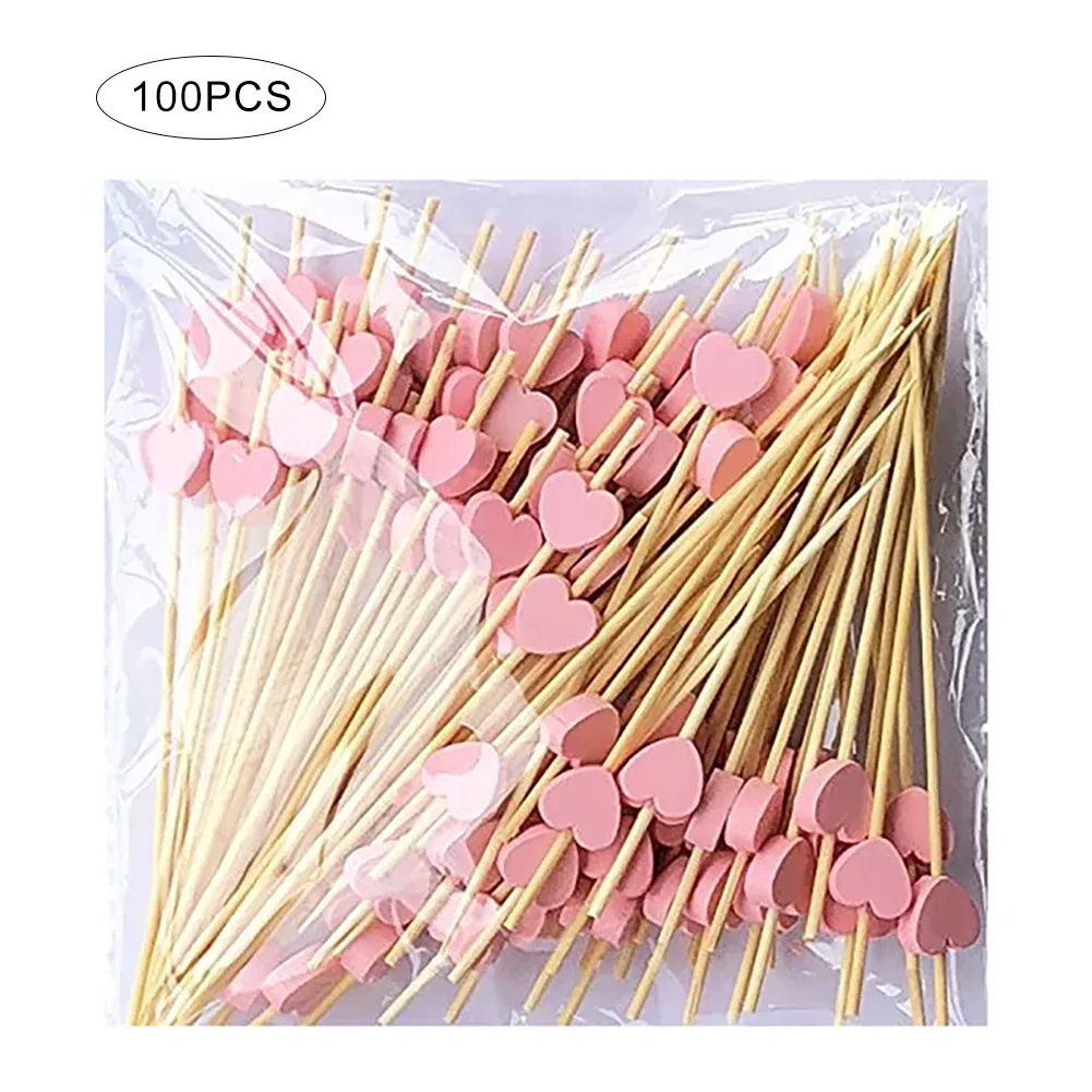 Color: Pink - 100 Pack Of 12cm Love Fruit Skewers Disposable Platters Sushi Burgers Cocktails Snacks Bamboo Skewers