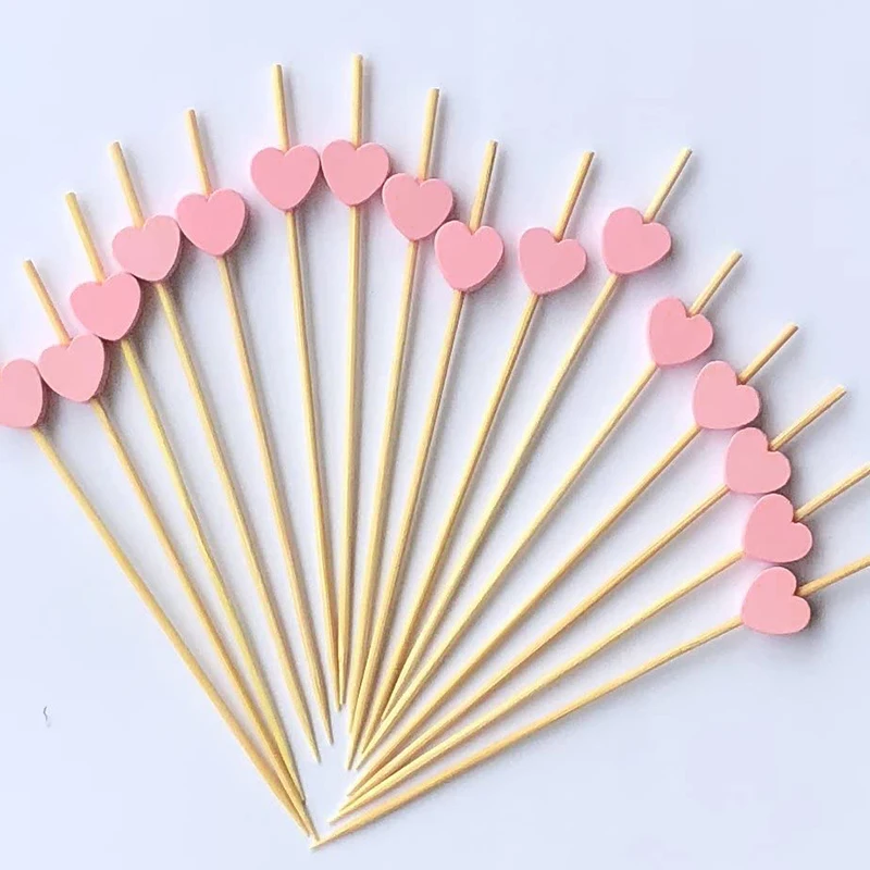 Color: Pink - 100 Pack Of 12cm Love Fruit Skewers Disposable Platters Sushi Burgers Cocktails Snacks Bamboo Skewers