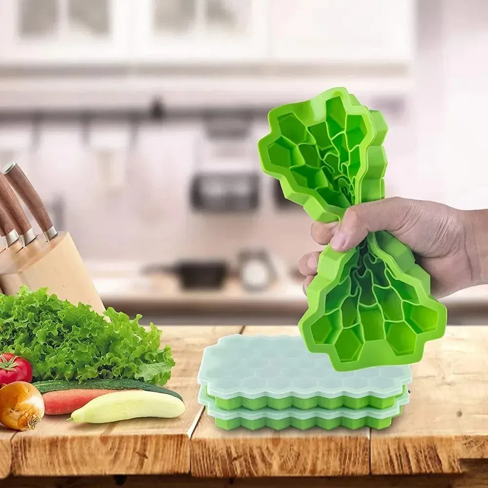Color: Pink - 37 Cavity Honeycomb Ice Cube Trays Reusable Silicone Ice Cube Mold BPA Free Ice Maker with Removable Lids
