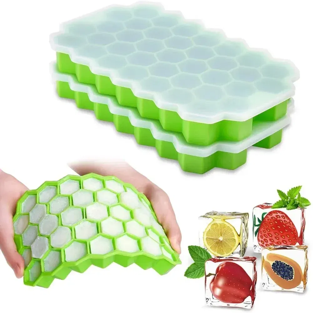 Color: Pink - 37 Cavity Honeycomb Ice Cube Trays Reusable Silicone Ice Cube Mold BPA Free Ice Maker with Removable Lids
