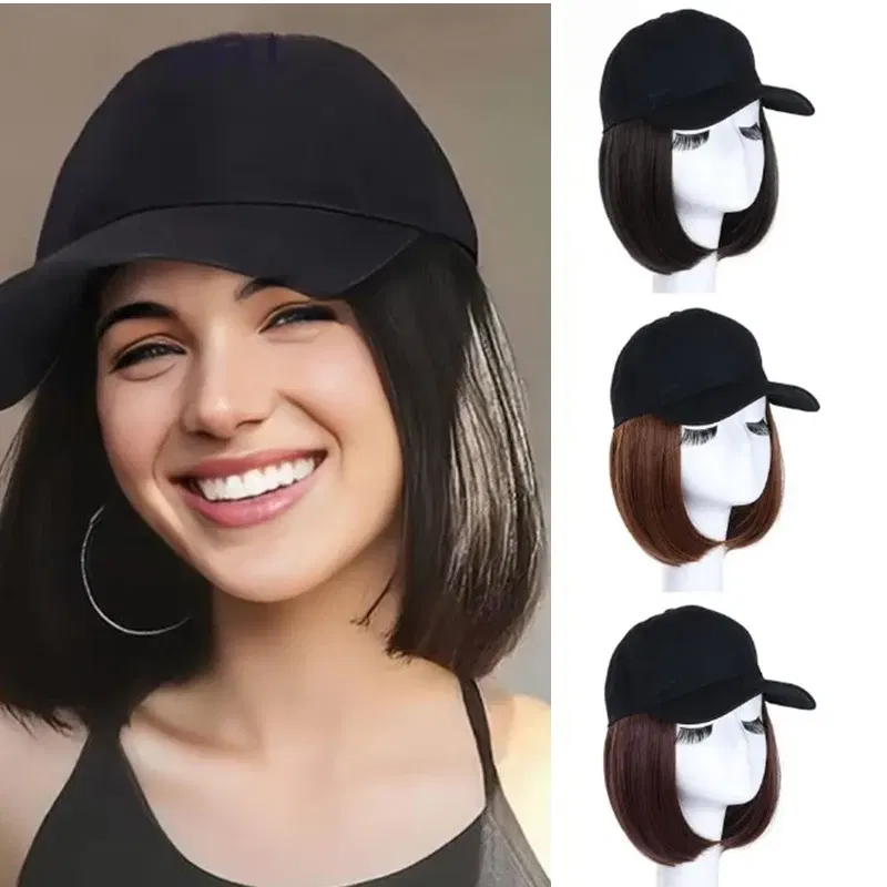 Color: black - H&STAR Synthetic Short Straight Wig Heat Resistant Fiber Stylish Girls' Baseball Hat Wig with Natural Hair Peaked Cap