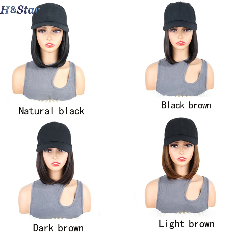 Color: black - H&STAR Synthetic Short Straight Wig Heat Resistant Fiber Stylish Girls' Baseball Hat Wig with Natural Hair Peaked Cap