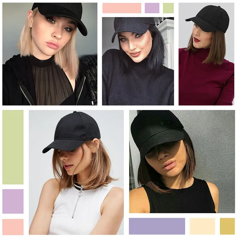 Color: black - H&STAR Synthetic Short Straight Wig Heat Resistant Fiber Stylish Girls' Baseball Hat Wig with Natural  Hair Peaked Cap