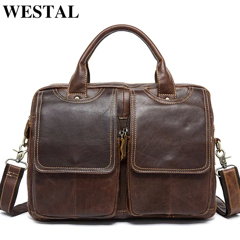 Color: Blue, Ships From: CHINA - WESTAL Men's Bag Genuine Leather Men's Briefcases Laptop Bag Leather Totes for Document Office Bags for Men Messenger Bags 8002