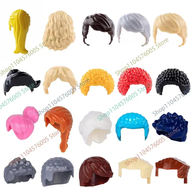Color: Bright Green - MOC Brown Hair Building Blocks City Figures Body Creative Accessory Blond Gold White Parts DIY Hats Mini Bricks Assemble Toy S04