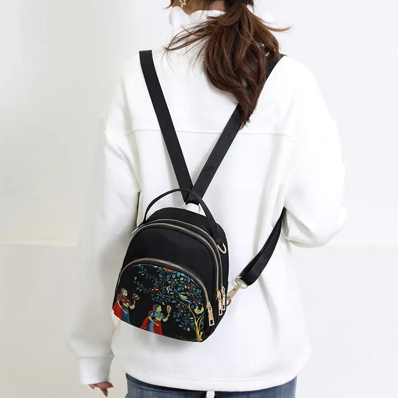 Color: plum, Size: 16 inches - Fashion Printing Backpack Women Large Capacity Nylon Rucksack Multilayer Crossbody Bag School Bags Waterproof Travel Knapsack