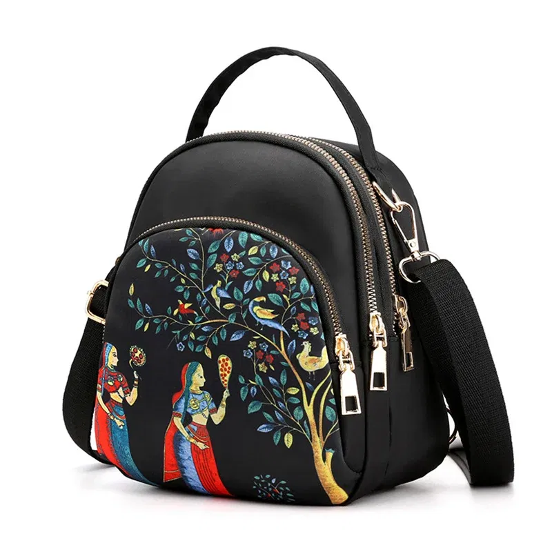 Color: plum, Size: 16 inches - Fashion Printing Backpack Women Large Capacity Nylon Rucksack Multilayer Crossbody Bag School Bags Waterproof Travel Knapsack