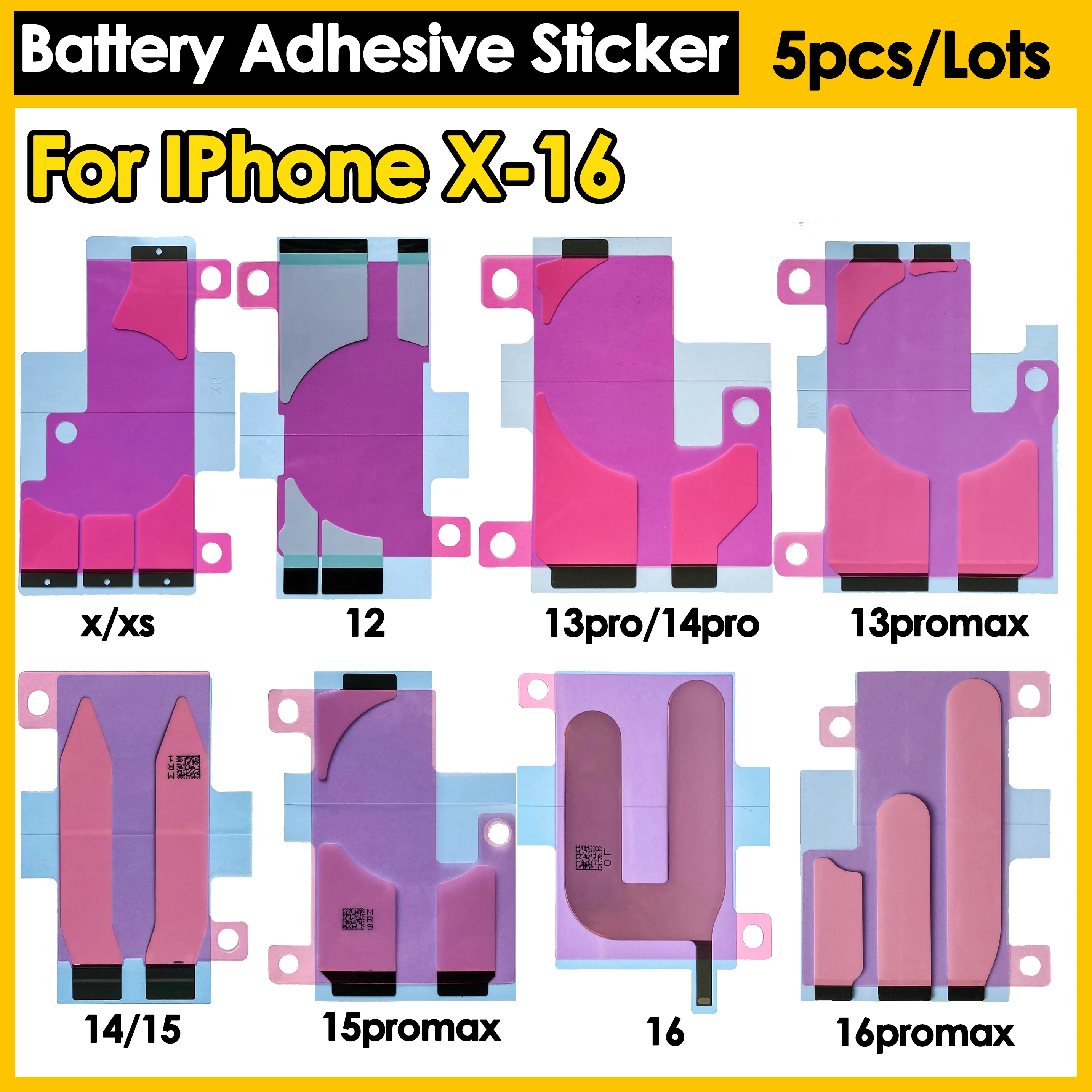 Color: PURPLE - 5Pcs Battery Adhesive Sticker for iPhone 13 14 15 16 Pro Max 14 Plus 11Pro 12 Mini 13Pro Battery Glue Tape Replacement Pull Tab