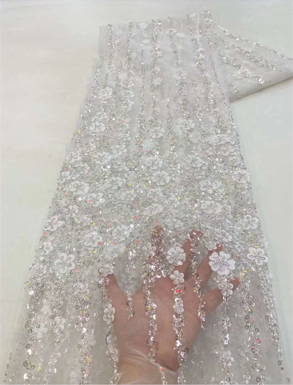 Color: green, Length: 5 yards, Width: 120cm - White African Beads Groom Tulle lace Fabric 2025 High Quality Sequins Embroidery French Tulle Laces For Nigeiran Party Dress