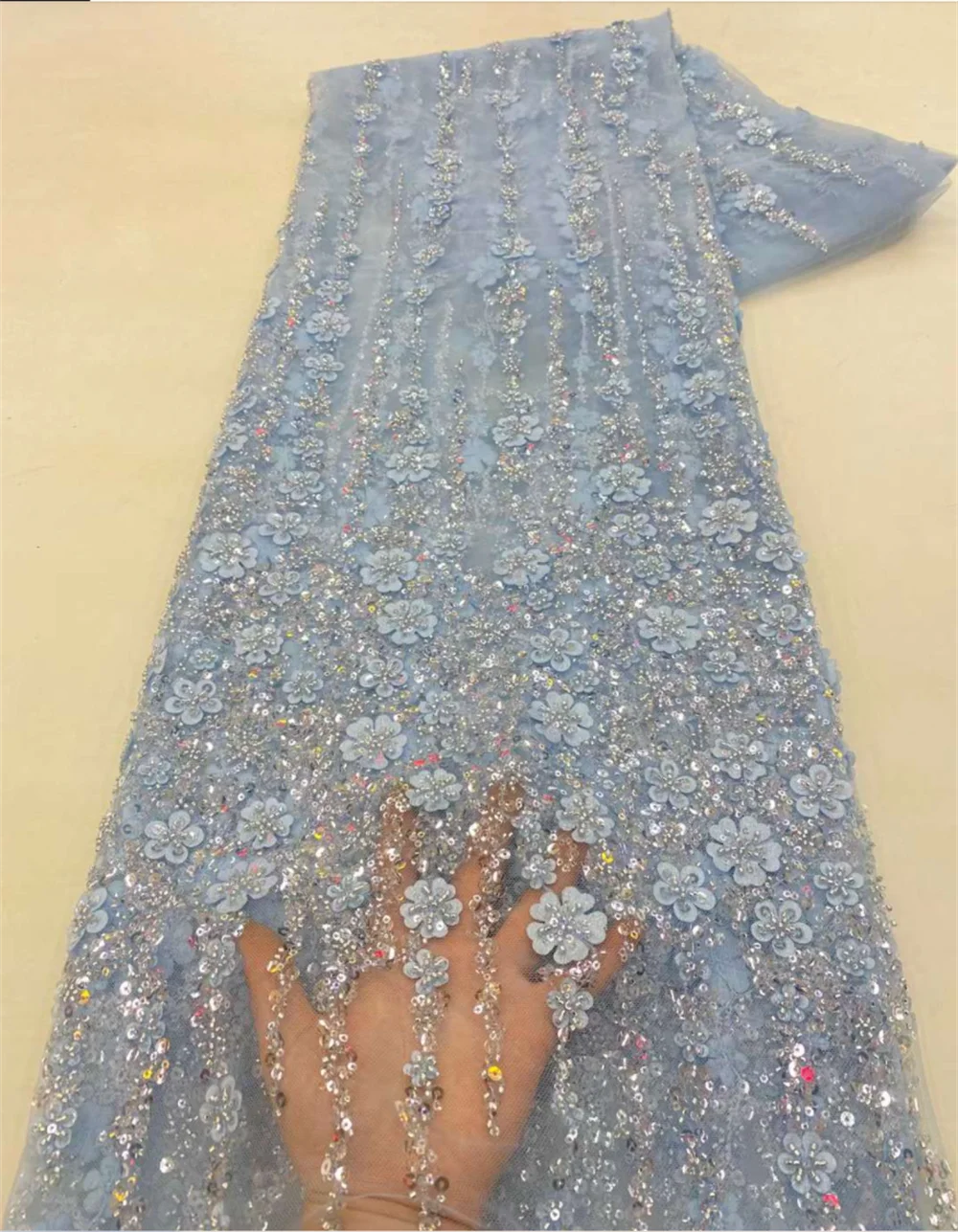 Color: green, Length: 5 yards, Width: 120cm - White African Beads Groom Tulle lace Fabric 2025 High Quality Sequins Embroidery French Tulle Laces For Nigeiran Party Dress