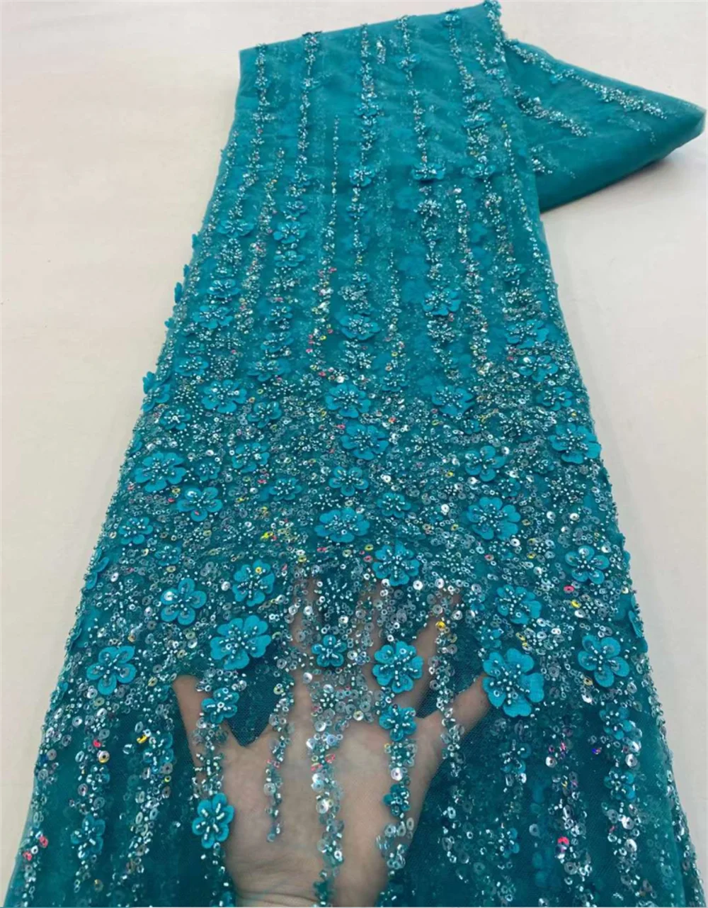 Color: green, Length: 5 yards, Width: 120cm - White African Beads Groom Tulle lace Fabric 2025 High Quality Sequins Embroidery French Tulle Laces For Nigeiran Party Dress