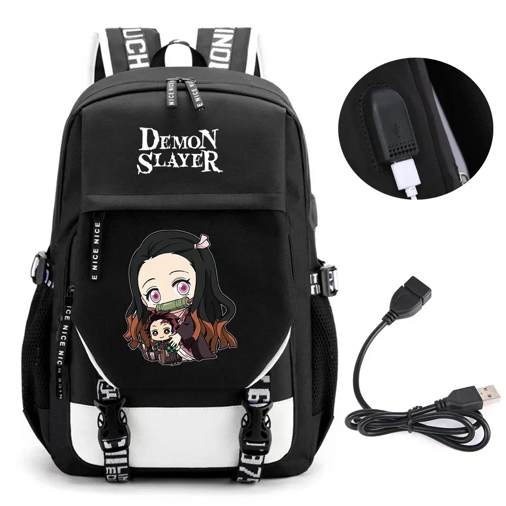 Color: Ivory - Anime Demon Slayer Kamado Nezuko Backpack School Book Bags Mochila Travel USB Port Bag Laptop Boy Girls Gift