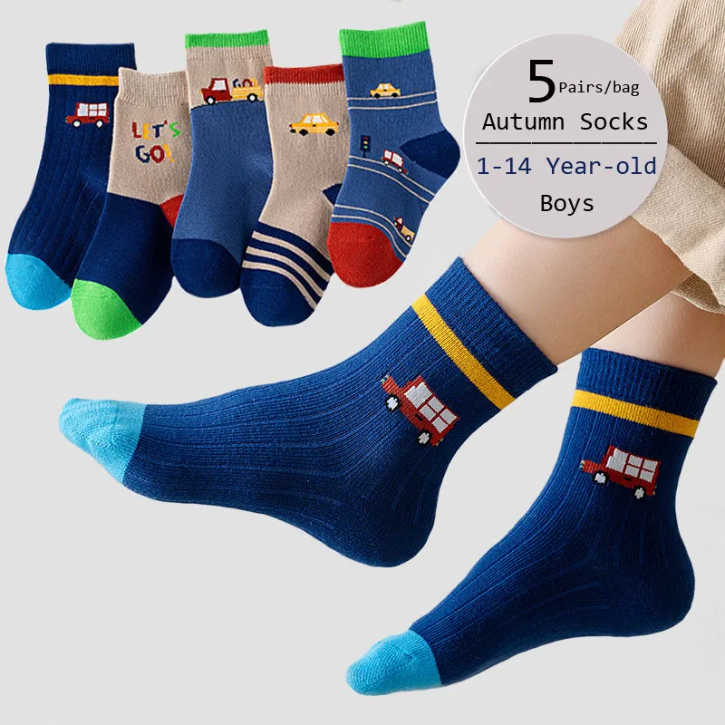 Color: Blue, Size: 2-3T - Autumn Children's Socks Little Big Boys Cotton Socks Baby Cartoon Pattern Medium Sock 5 Pairs/bag