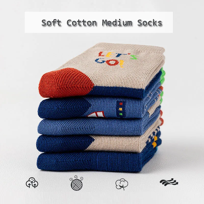 Color: Blue, Size: 2-3T - Autumn Children's Socks Little Big Boys Cotton Socks Baby Cartoon Pattern Medium Sock 5 Pairs/bag