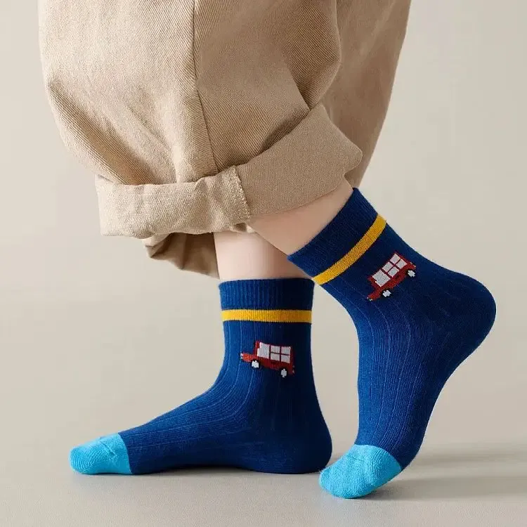 Color: Blue, Size: 2-3T - Autumn Children's Socks Little Big Boys Cotton Socks Baby Cartoon Pattern Medium Sock 5 Pairs/bag