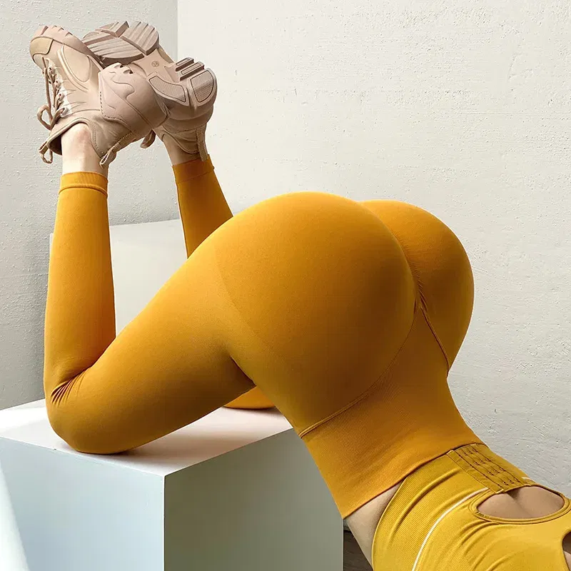 Color: Yellow, Size: M - Knitted Seamless Fitness Leggings GYM Pants Women High Waist Push Up Leggings Tight Peach Buttocks Yoga Pants