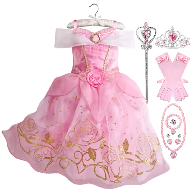 Color: Gold, Kid Size: 5 - Children Halloween Disguise Aurora Cinderella Disney Princess Costume Festival Dress up Kids Girls Sleeping Beauty Frock 1-12Yrs
