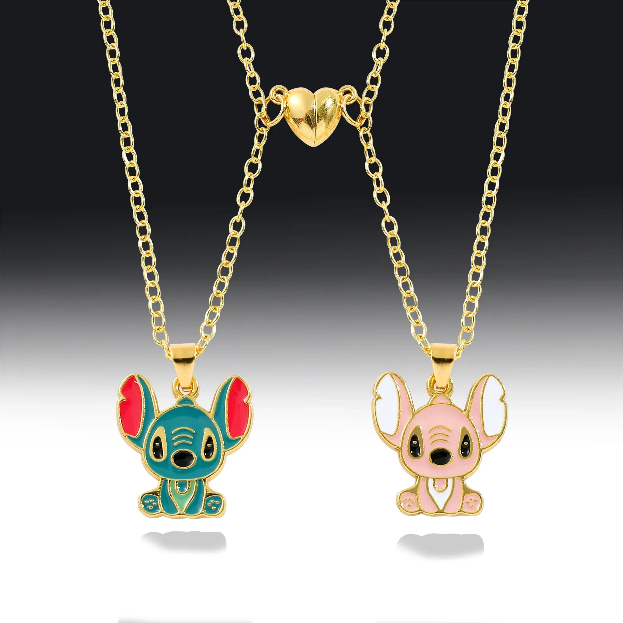 Metal Color: Blue Zinc - Disney-Stitch Heart Necklace for Couple, Gold and Silver Color, Angel and Stitch, Cute Style , Jewelry Pendant, Gift for Girl, 1