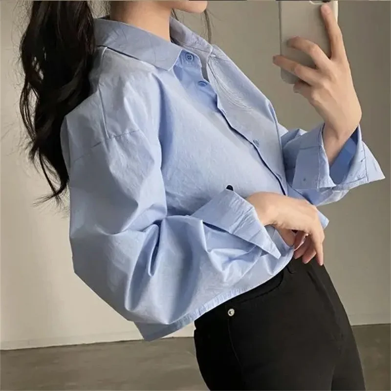 Color: Blue, Size: XXL - Spring New Casual Long Sleeve Women White Shirt Korea Style Solid Button Split Woman Crop Tops Blouse Party Clothing