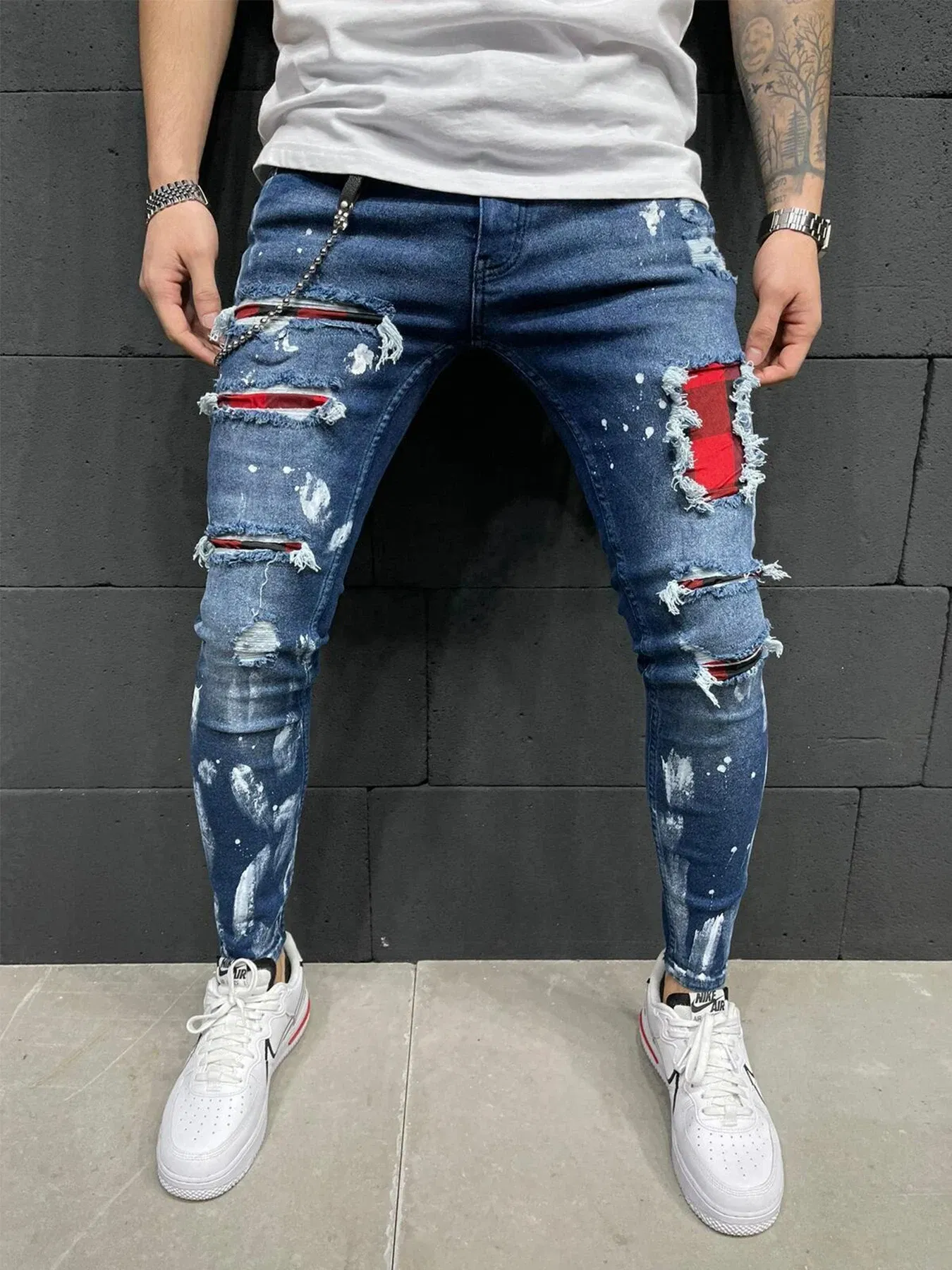Color: SKY BLUE, Size: M, Ships From: CHINA - Men's Punk Hip Hop Black Fashion Jeans Spring summer New Rock Motorcycle Street Wear Tight Casual Denim pants Straight leg pants