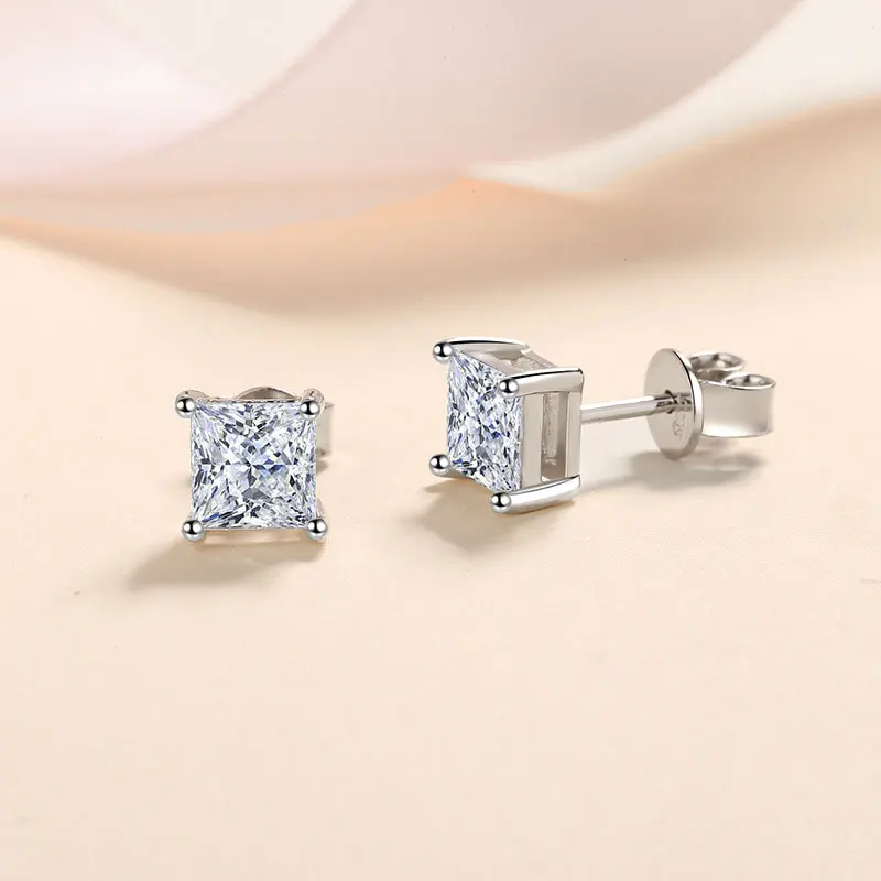 Metal Color: Light Yellow Gold Color - KNOBSPIN D Color Princess Cut Moissanite Earring s925 Sterling Sliver Plated with 18k White Gold Earrings for Women Fine Jewelry