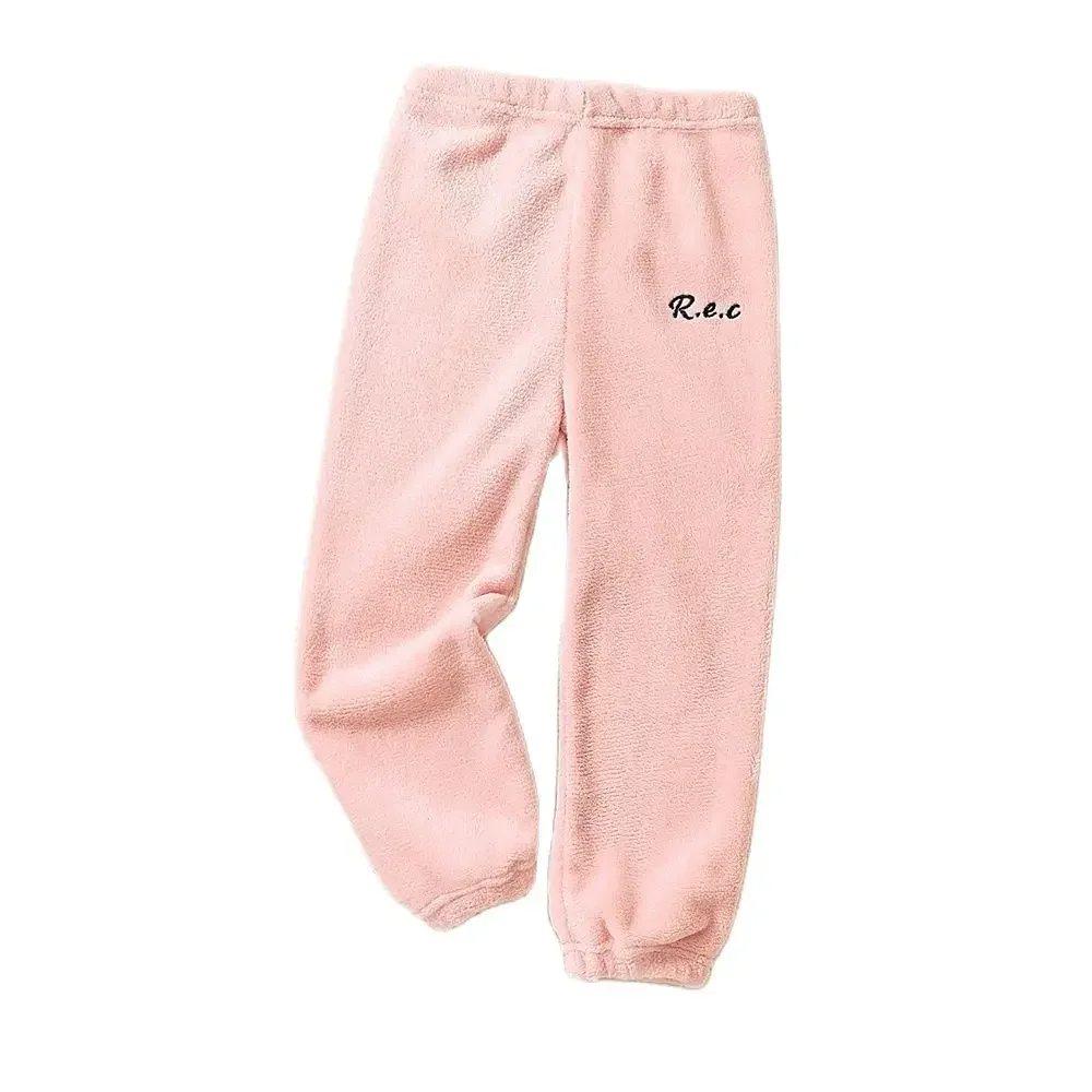 Color: Pink, Kid Size: 7 - Children Thicken Fleece Pants Boys and Girls Solid Letter Embroidery Sports Casual Kids Clothes Warm Leggings Clothing Winter
