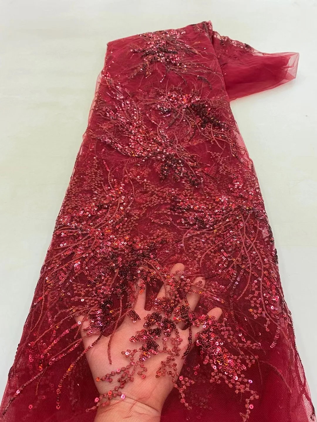 Color: RED, Length: 5 yards, Width: 120cm - African French Sequined Lace Fabrics 2023 High Quality Tulle Lace 5 Yards Nigerian Embroidered Dress Material For Party Wedding