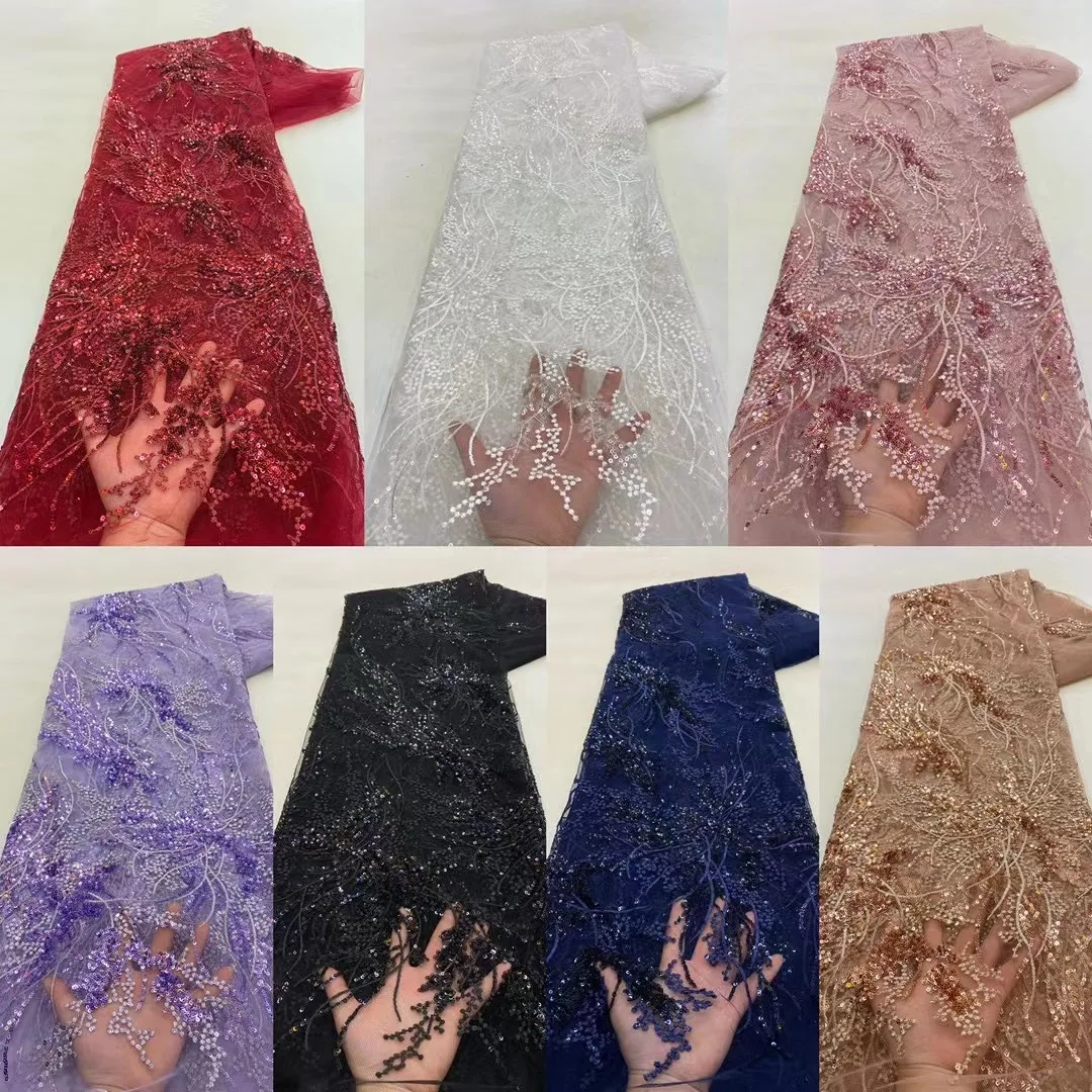 Color: RED, Length: 5 yards, Width: 120cm - African French Sequined Lace Fabrics 2023 High Quality Tulle Lace 5 Yards Nigerian Embroidered Dress Material For Party Wedding