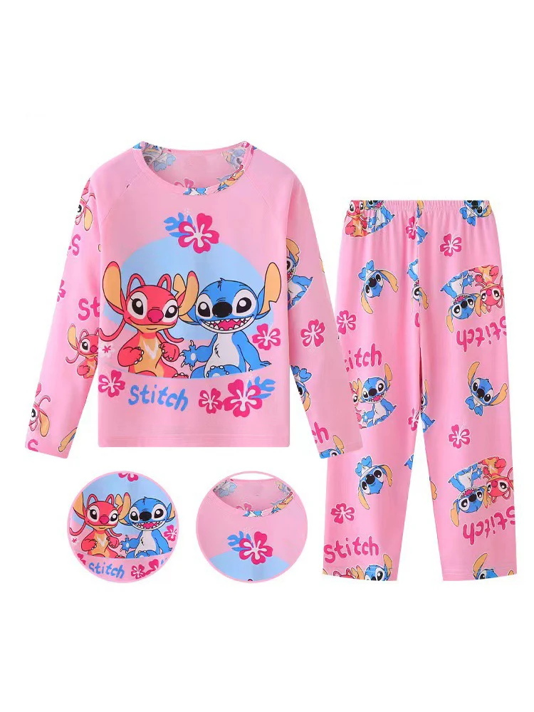 Color: Pink, Kid Size: 4T - 2pcs/set New Disney Stitch Children Pyjamas for Boys and Girls Sets Kid Minnie Home Wear Travel Casual Sleepwear Suit Cute Gift