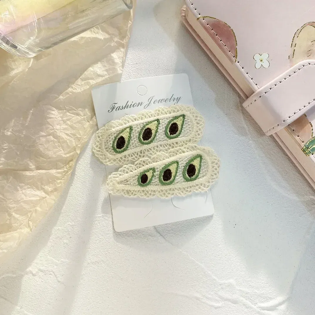 Color: Red - 2Pcs Sweet Girl Embroidery Hairpin Lace Side Clip Cute Kids Hair Ornament Pastoral Style Fruit Pattern Headwear