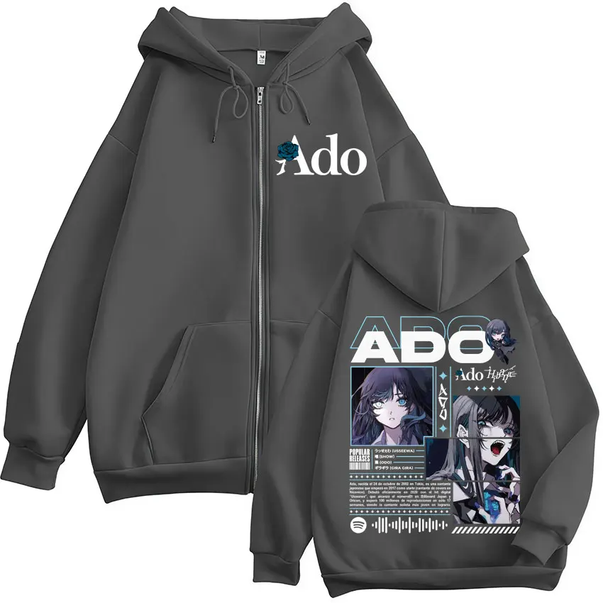 Color: GRAY, Size: XL - Ado World Tour 2025 Hibana Zipper Hoodies Men Women Clothing Fashion Harajuku Zip Up Sweatshirts Pullover Jacket Coat Streetwear