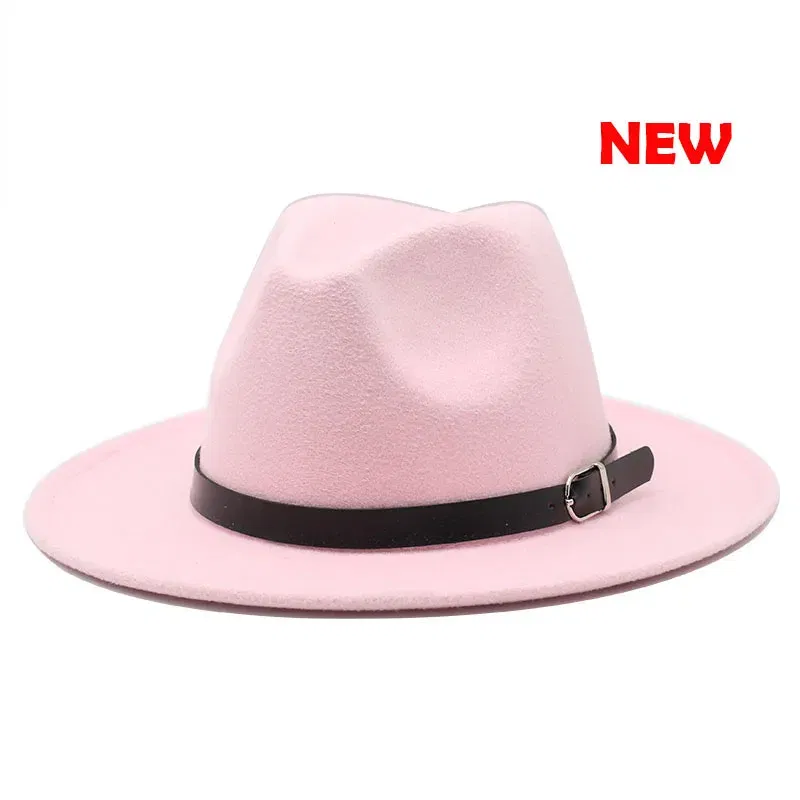 Color: Pink, Size: M - Classic British Fedora Hat Men Women Imitation Woolen Winter Felt Hats Fashion Jazz Hat Chapeau Wholesale