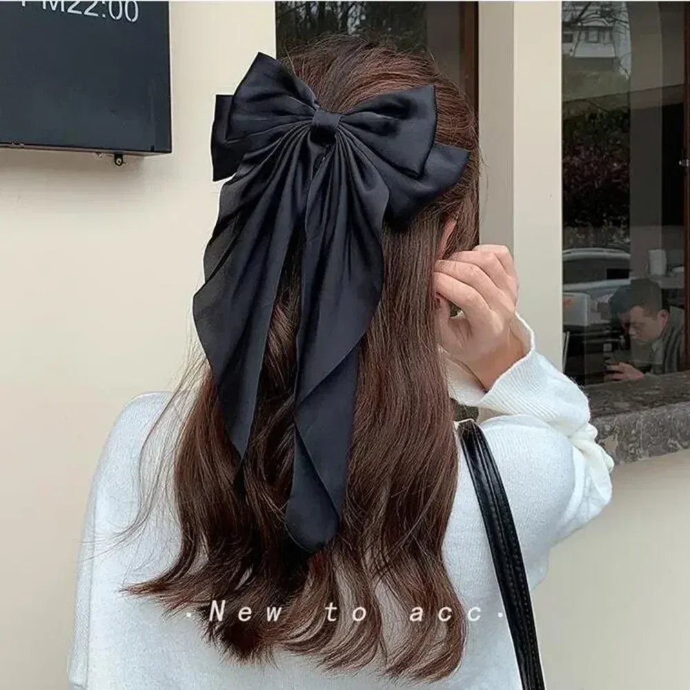 Color: Copper, Ships From: CHINA - Elegant Large Bow Ribbon Hair Clip for Women Fashion Simple Solid Satin Spring Clip Ponytail Bow Hairpin Girls Hair Accessories