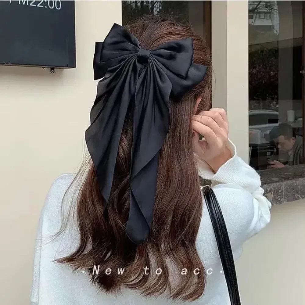 Color: Copper, Ships From: CHINA - Elegant Large Bow Ribbon Hair Clip for Women Fashion Simple Solid Satin Spring Clip Ponytail Bow Hairpin Girls Hair Accessories