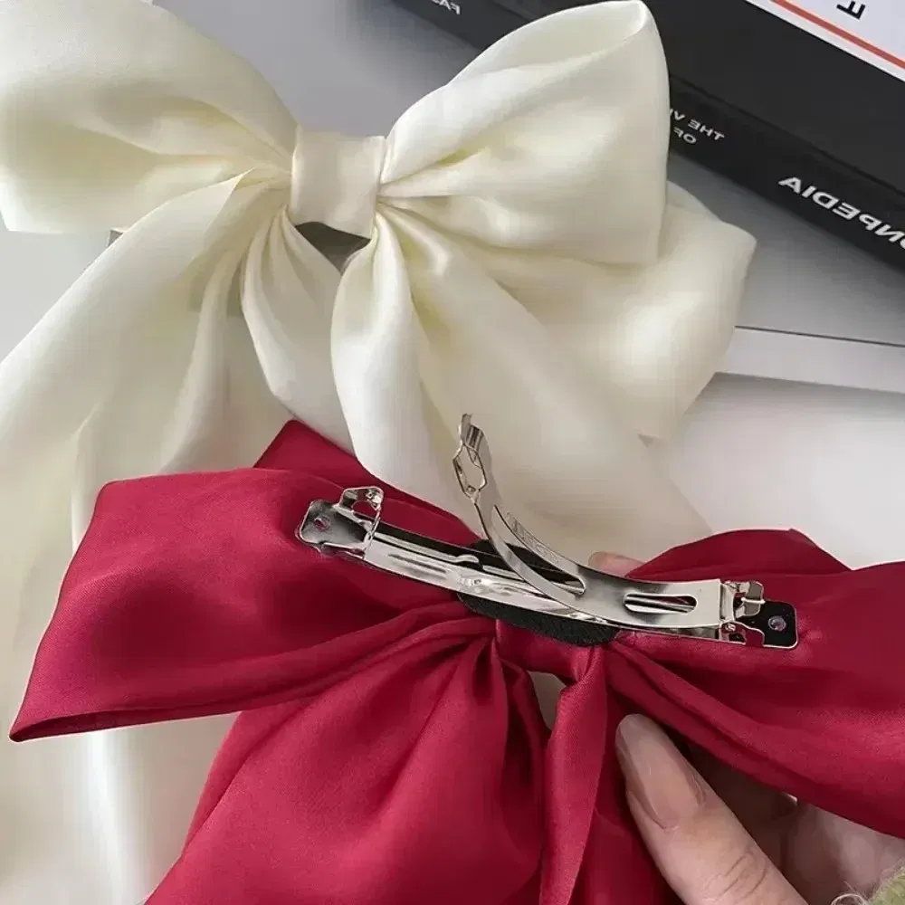 Color: Copper, Ships From: CHINA - Elegant Large Bow Ribbon Hair Clip for Women Fashion Simple Solid Satin Spring Clip Ponytail Bow Hairpin Girls Hair Accessories