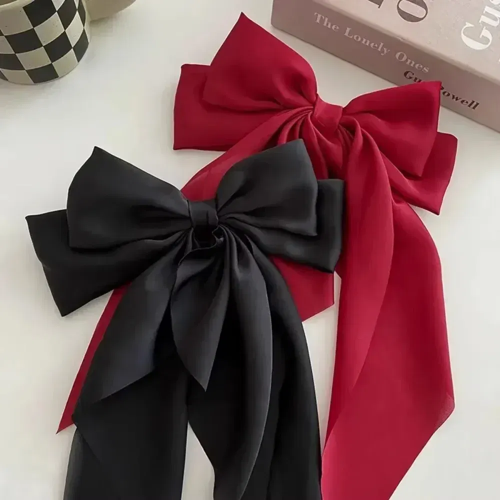 Color: Copper, Ships From: CHINA - Elegant Large Bow Ribbon Hair Clip for Women Fashion Simple Solid Satin Spring Clip Ponytail Bow Hairpin Girls Hair Accessories