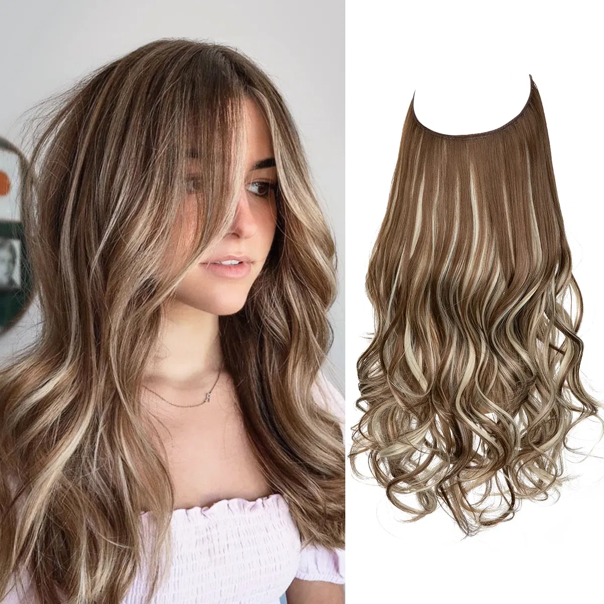 Color: P1B/613, Stretched Length: 18inches - Synthetic No Clip Wave Hair Extensions Ombre Natural Black Blonde Pink One Piece False Hairpiece Fish Line Fake Hair Piece