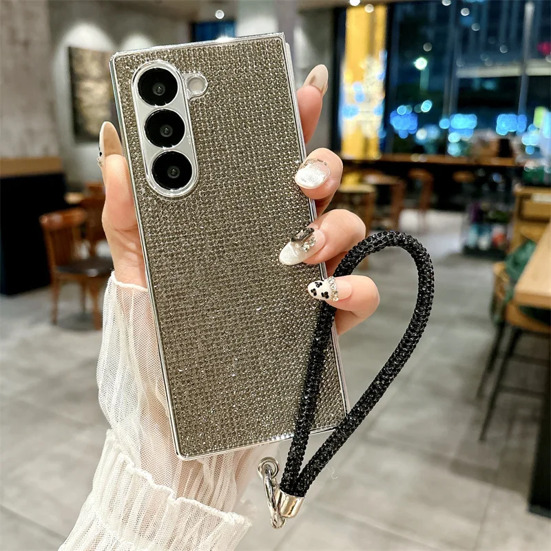 Color: Blue, Material: Cotton Fabric - Luxury Flash Diamond Sparkling phone case for Samsung Galaxy Z Fold 6 5 zfold 4 Electroplated bracelet shockproof cover