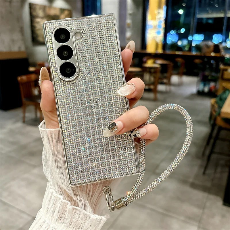 Color: Blue, Material: Cotton Fabric - Luxury Flash Diamond Sparkling phone case for Samsung Galaxy Z Fold 6 5 zfold 4 Electroplated bracelet shockproof cover