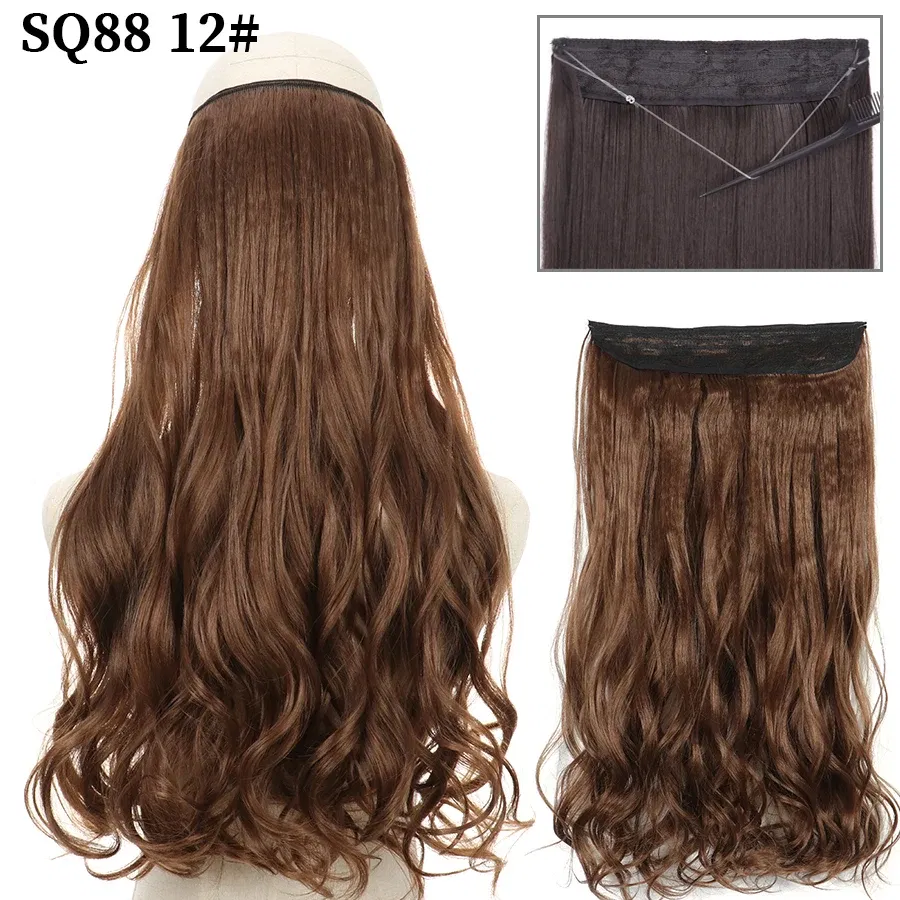 Color: #35, Stretched Length: 16inches, Ships From: CHINA - Synthetic Natural Wavy No Clip Fish Line Invisible Hair Extensions Mixed Color Blonde Black Artificial False Hair Piece ForWomen