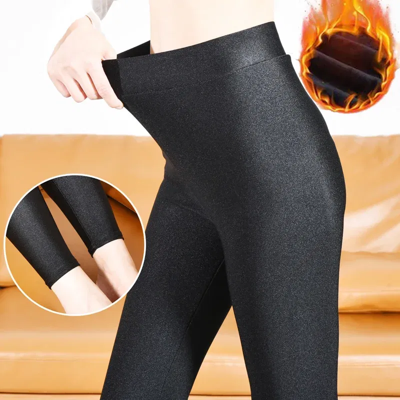 Color: black, Size: L - 6XL Large Size Women's Leggings Winter Thermal Tights Thin Fleece High Waist Sexy Slim Elastic Pants Female Luster Leggings