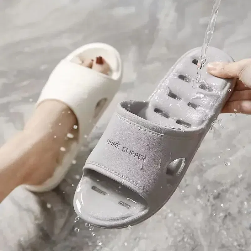 Color: GRAY, Shoe Size: 5 - Men Bathroom Slippers Women Home Slipper Non-slip Water Leaky Slippers Couples Beach Flip Flop Comfortable Soft Sole Slides