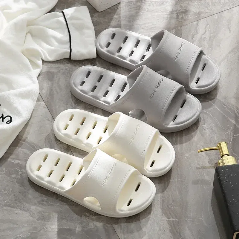 Color: GRAY, Shoe Size: 5 - Men Bathroom Slippers Women Home Slipper Non-slip Water Leaky Slippers Couples Beach Flip Flop Comfortable Soft Sole Slides
