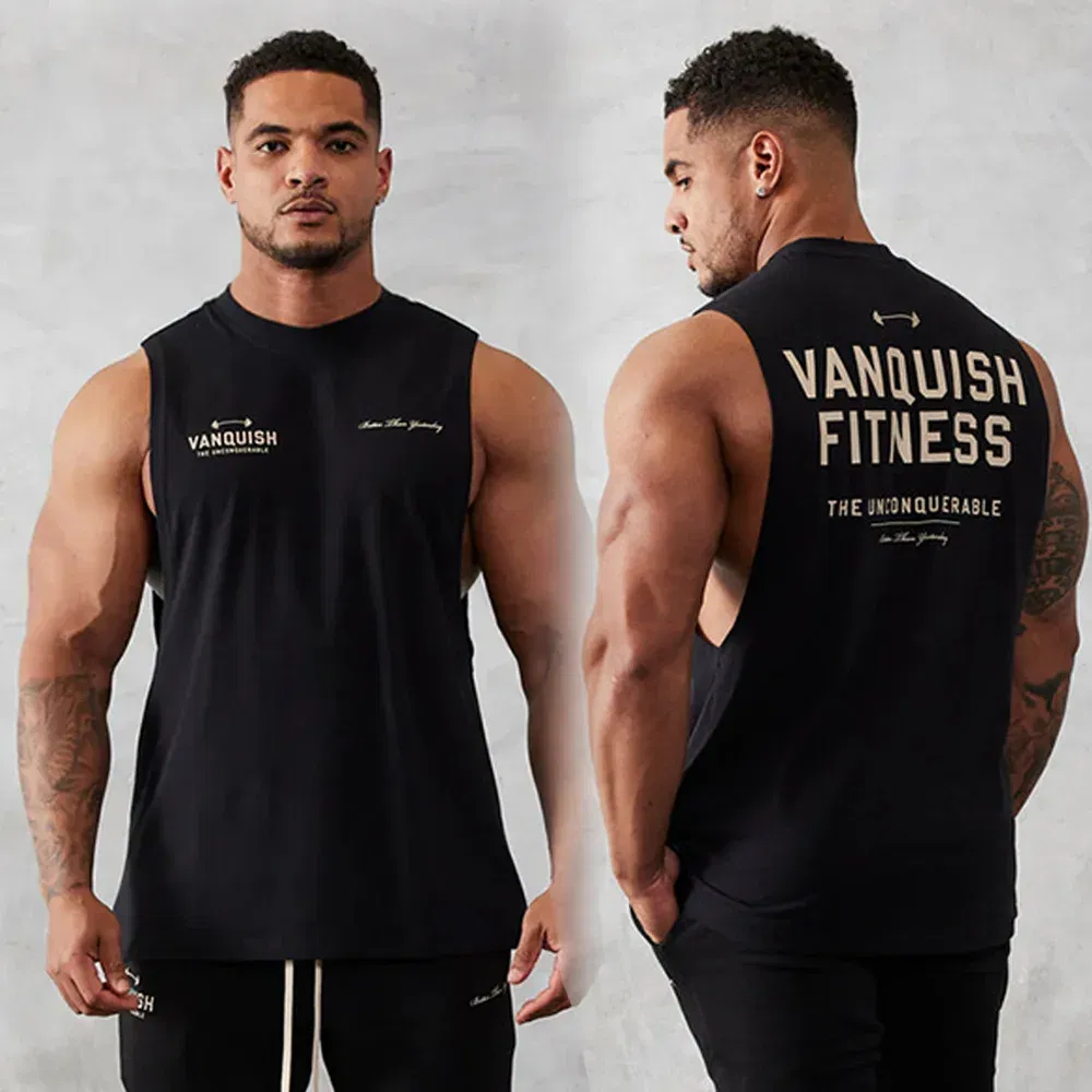 Color: black, Size: XXXL - Gym exercise fitness sports men's vest cotton wide shoulder round neck sleeveless shirt slim casual men's wear