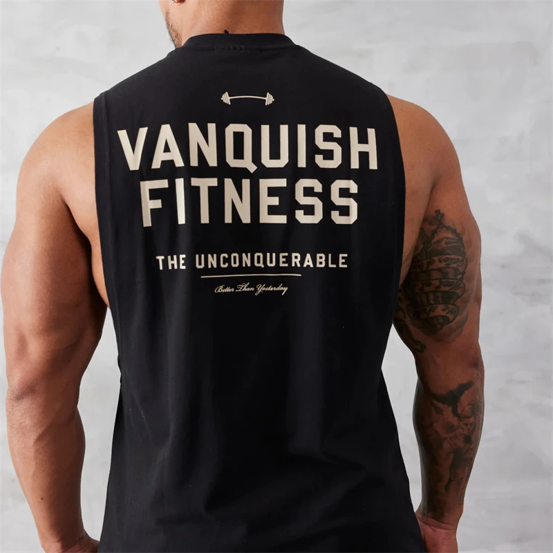 Color: black, Size: XXXL - Gym exercise fitness sports men's vest cotton wide shoulder round neck sleeveless shirt slim casual men's wear