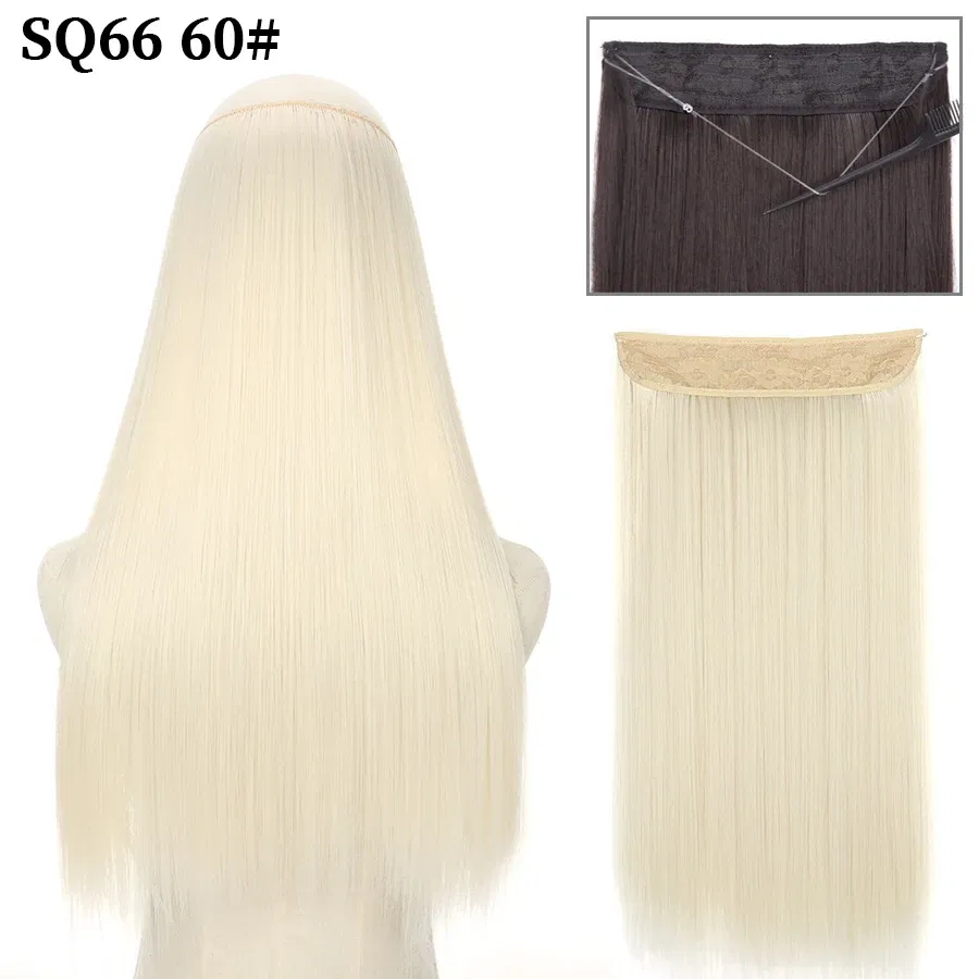 Color: OMBRE, Stretched Length: 32inches, Ships From: CHINA - Synthetic Natural Wavy No Clip Fish Line Invisible Hair Extensions Mixed Color Blonde Black Artificial False Hair Piece ForWomen