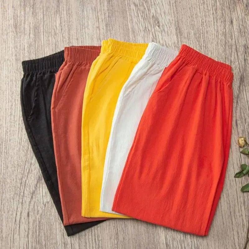 Color: black, Size: One Size - Women Summer Casual Loose Harem Elastic Waist Cotton Linen Pants Ninth Trousers