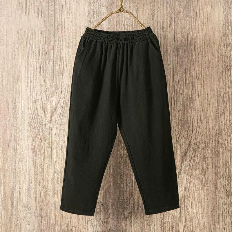 Color: black, Size: One Size - Women Summer Casual Loose Harem Elastic Waist Cotton Linen Pants Ninth Trousers