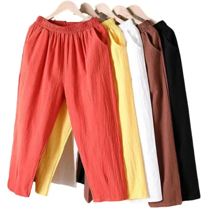Color: black, Size: One Size - Women Summer Casual Loose Harem Elastic Waist Cotton Linen Pants Ninth Trousers